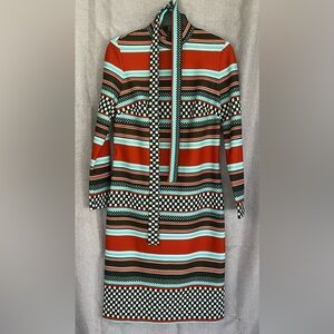 Vintage Mr Simon Striped Green and Red dress. Zip back and tie belt.